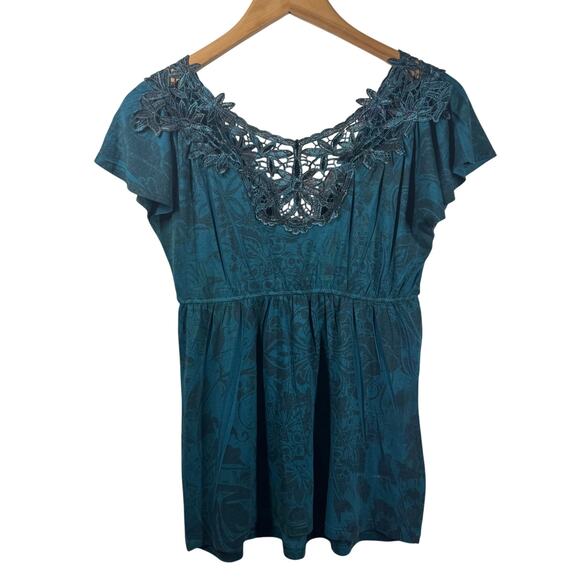 Vanity Top Women S Blue Empire Waist Babydoll Crochet Lace Back Boho Y2K Romance - Picture 2 of 6